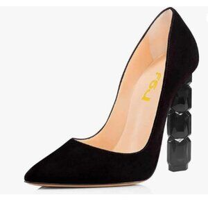 FSJ Black Suede Jeweled High Heel Pointed Toe Pump Slip On Sparkling Heel Shoes